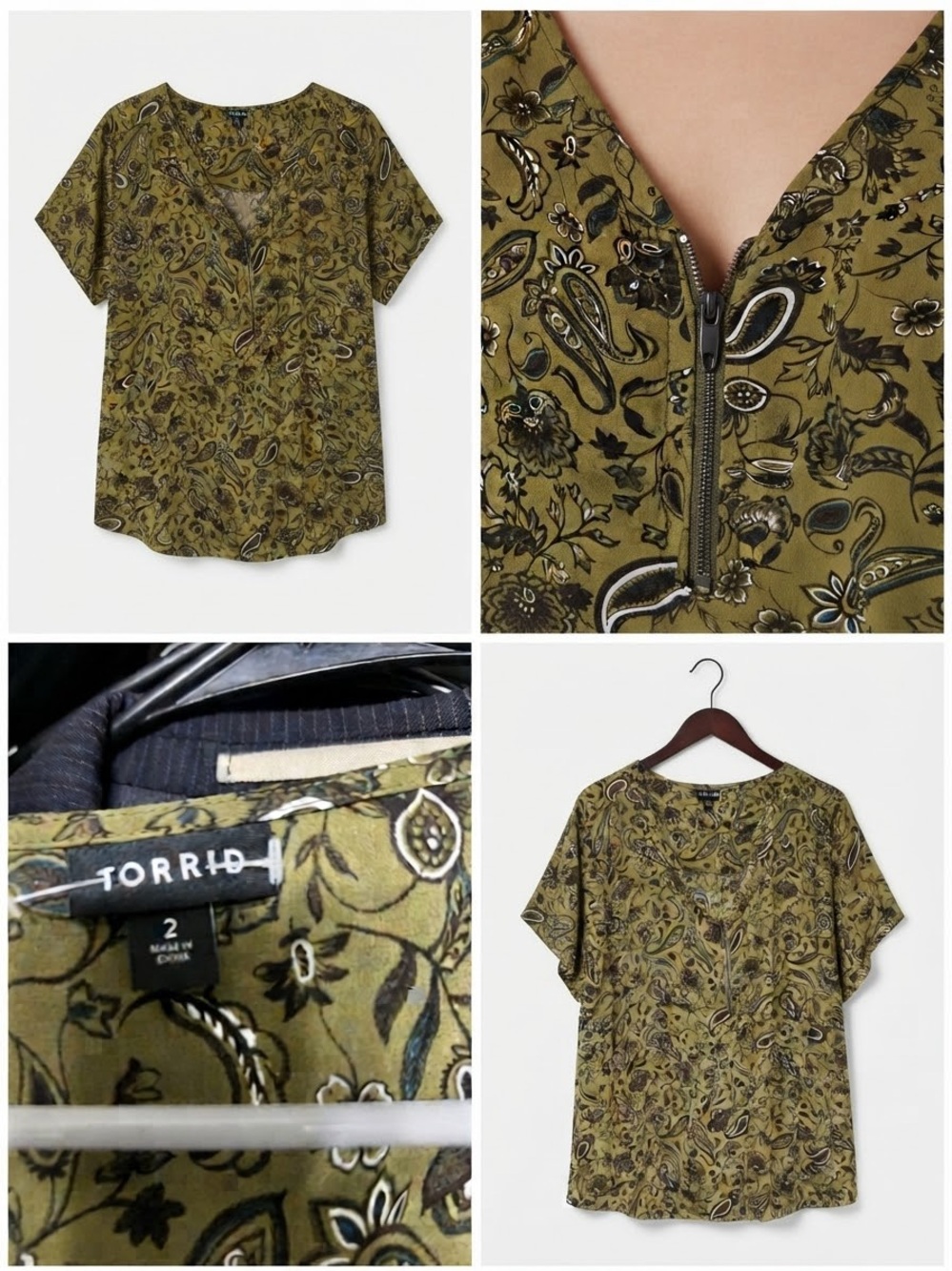 torrid Olive Paisley Zip V-Neck Short Sleeve Top